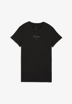 T-shirt noir à manches courtes avec col rond, arborant un petit logo "Puma" gris et l'icône puma centrés sur la poitrine.