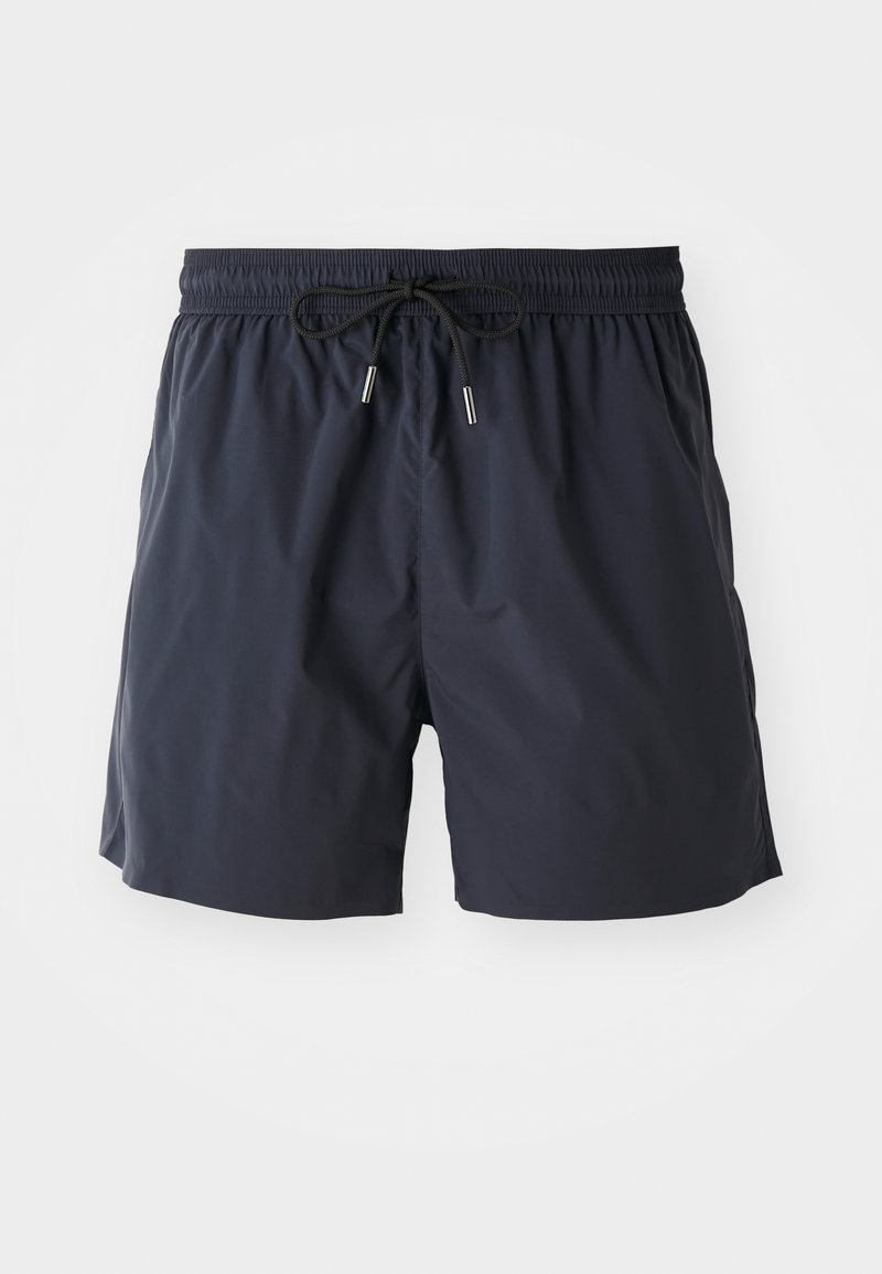Marineblaue Schwimmshorts aus leichtem Stoff, mit elastischem Bund und Kordelzug sowie Seitentaschen. Angenehme Textur, über dem Knie.