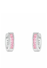 Orecchini ad anello in argento con design curvo e un'incastonatura cristallina rosa. Realizzati in argento sterling 925 con finitura lucida.