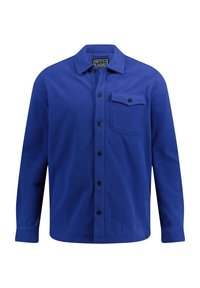 Blauwe fleece shirt met een kraag, lange mouwen, zwarte knopen en een borstzak aan de linkerkant. Zachte textuur en klassiek ontwerp.