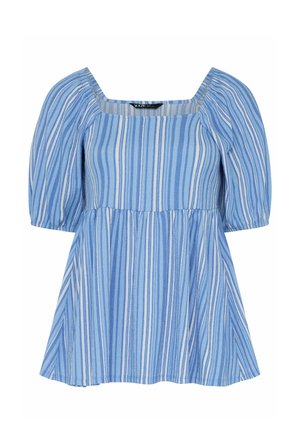 Blue and white vertical striped blouse with puffed elbow-length sleeves and a square neckline.