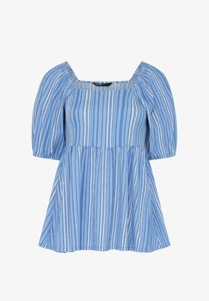 Blouse à rayures verticales bleu et blanc avec manches bouffantes jusqu'au coude et encolure carrée.