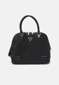 Schwarze synthetische Handtasche mit doppelten Griffen, goldener Hardware, dreieckigem Logo, strukturierten Oberfläche und abnehmbarem Schultergurt.