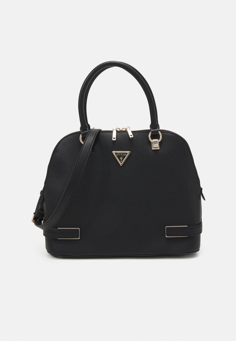 Schwarze synthetische Handtasche mit doppelten Griffen, goldener Hardware, dreieckigem Logo, strukturierten Oberfläche und abnehmbarem Schultergurt.