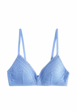 Hellblauer Spitzen-BH mit dünnen verstellbaren Trägern und floralem Muster auf den Cups, gezeigt vor weißem Hintergrund.