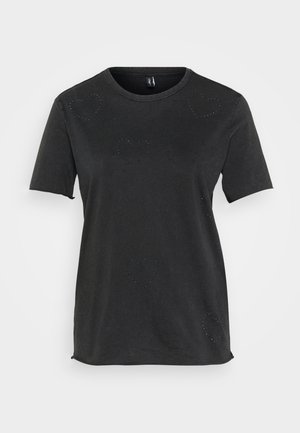 Musta lühikeste varrukatega T-särk, mis on valmistatud puuvillast, ees südamekujuliste kristallaktsentidega. Ümmargune kaelus ja mugav lõige.