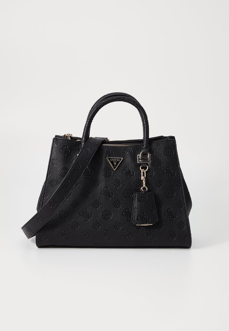 Sac à main noir en matière synthétique texturée. Dispose de deux poignées supérieures, d'une bandoulière réglable, de ferrures ton or et d'accents de logo.