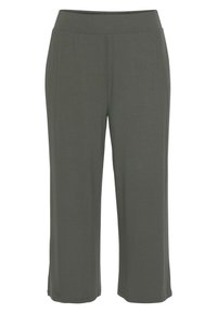 Olijfgroene, wijde broek van zacht materiaal met een elastische tailleband; eenvoudig ontwerp zonder zichtbare patronen of hardware.