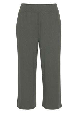 Olijfgroene, wijde broek van zacht materiaal met een elastische tailleband; eenvoudig ontwerp zonder zichtbare patronen of hardware.