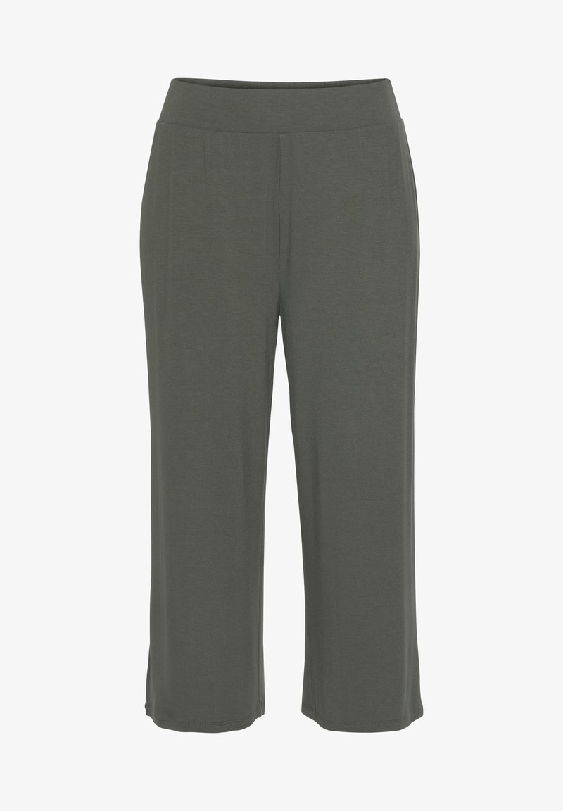 Olive green, wide-leg pants made from soft fabric with an elastic waistband; simple design with no visible patterns or hardware.