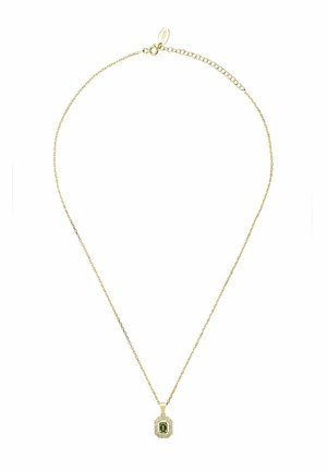 Collier chaîne en or avec un pendentif rectangulaire en pierre précieuse verte, entouré de petites pierres claires, et un fermoir ajustable.