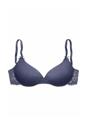 Dunkelblauer BH mit formenden Cups, Spitzen-Akzenten an den Seiten und verstellbaren Trägern. Verfügt über ein kleines Schleifendetail in der Mitte vorne.