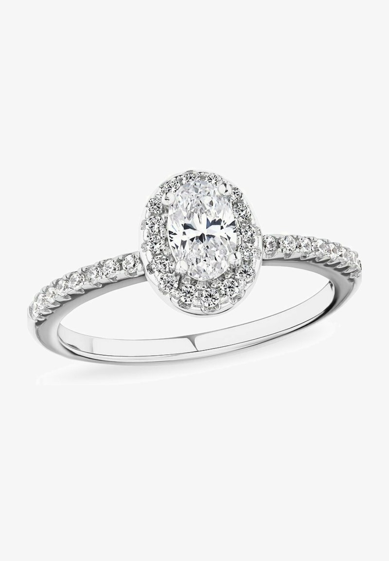 Diamond ring featuring an oval center stone, surrounded by smaller diamonds. White gold band with a smooth finish.