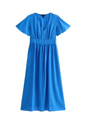 Niebieska sukienka midi z krótkim rękawem, dekoltem w kształcie litery V, czterema guzikami z przodu na biuście, dopasowaną talią i marszczonym dołem.