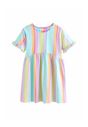 Gestreepte jurk met pastelkleuren: groen, roze, geel en blauw. Korte mouwen met geribbelde randen en een gerimpelde taille. Zachte stof.