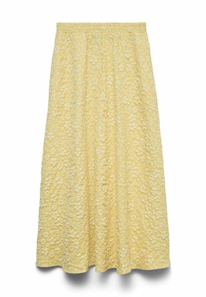 Jupe midi jaune avec broderie florale blanche et taille élastique, présentant une silhouette évasée en ligne A.