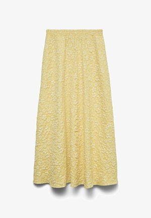 Jupe midi jaune avec broderie florale blanche et taille élastique, présentant une silhouette évasée en ligne A.