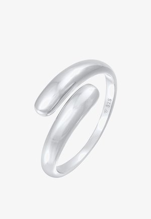 Silver ring with a smooth, polished finish, featuring a unique open design that curves and intertwines in an elegant shape.