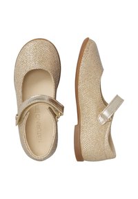 Złote brokatowe buty Mary Jane z okrągłym noskiem, błyszczącą klamrą i beżową wkładką. Gładka gumowa podeszwa z delikatnym obcasem.