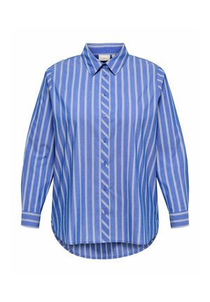 Blauwe en witte gestreepte lange mouwen button-up shirt met een puntige kraag, afgeronde zoom en een ontspannen pasvorm. De stof lijkt glad en licht van gewicht.