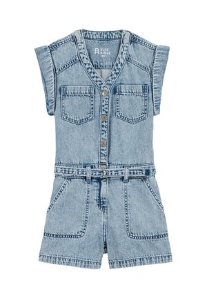 Combinaison sans manches en denim bleu clair avec boutons à l'avant, deux poches poitrine, poches latérales et ceinture assortie à la taille.