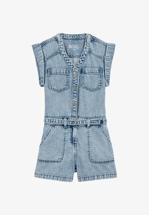Combinaison sans manches en denim bleu clair avec boutons à l'avant, deux poches poitrine, poches latérales et ceinture assortie à la taille.