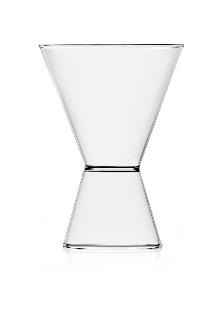 Przezroczysta szklana waza o stożkowatym kształcie, z wąską talią i rozszerzającą się górą. Gładka faktura z nowoczesnym wzornictwem.
