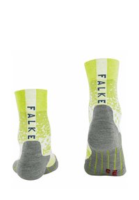 Grüne und graue Sportsocken mit einem strukturierten Design und einem Verlaufsmuster, Logo am Bund sowie gepolsterten Fersen- und Zehenbereichen.