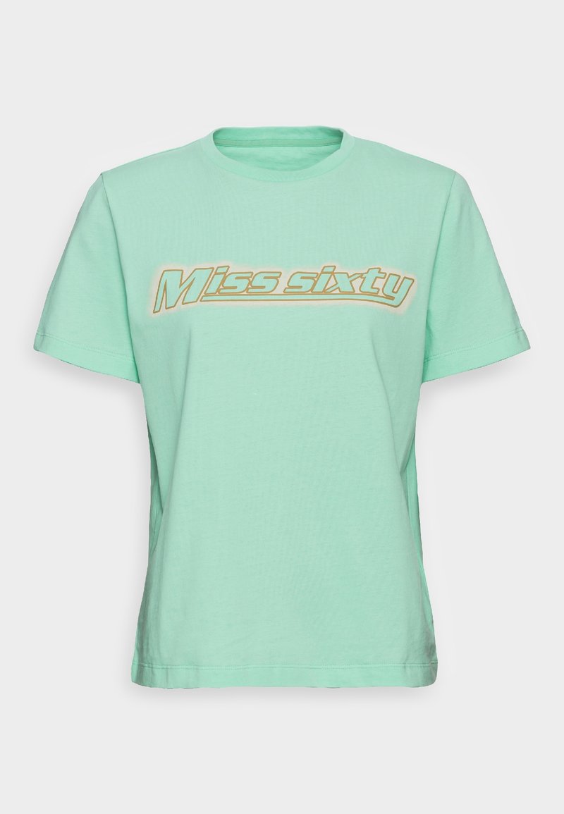 Camiseta verde menta de algodón, con mangas cortas, escote redondo y un atrevido logo "Miss sixty" enmarcado en dorado en el pecho.