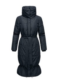 Marineblauer gesteppter Mantel mit hohem Kragen, tailliertem Gürtel und gerafftem Saum. Verfügt über gesteppte Struktur und lange Ärmel. Verstellbarer Kordelzug am Saum.