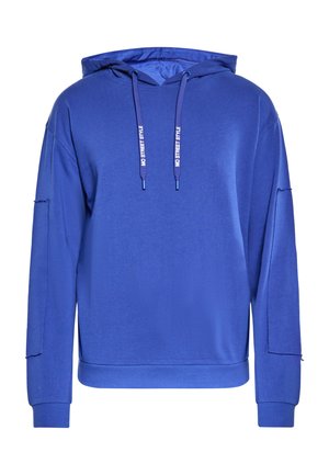 Blaues Kapuzensweatshirt aus weichem Stoff, mit einem Kordelzug und dem Text "NO STREET STYLE", langen Ärmeln und einer entspannten Passform.