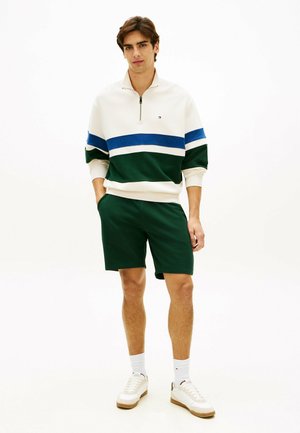 Młody mężczyzna w białej, niebieskiej i zielonej bluzie z suwakiem do połowy oraz ciemnozielonych szortach i białych trampkach, stojący z jedną ręką w kieszeni.
