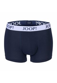 Marineblaue Boxershorts aus weichem Stoff mit einem weißen elastischen Bund, der wiederholt den Schriftzug "JOOP!" in Dunkelblau zeigt.
