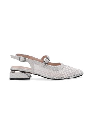 Pointed-toe slingback shoes made of light gray textured material, featuring a honeycomb pattern and a decorative buckle on the strap.