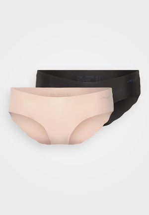 Multicolor underwear set includes a light pink and a black pair. Both feature a smooth, seamless design with a scalloped edge. Matte finish.
