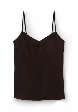 Haut camisole noir sans manches avec fines bretelles et un col en V discret, présenté sur fond blanc.