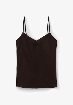 Černý tílkový top s tenkými ramínky a jemným výstřihem do V, zobrazený na bílém pozadí.