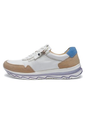 White sneaker with beige suede accents, blue heel tab, side zipper, and lavender-trimmed sole, shown in profile on white background.