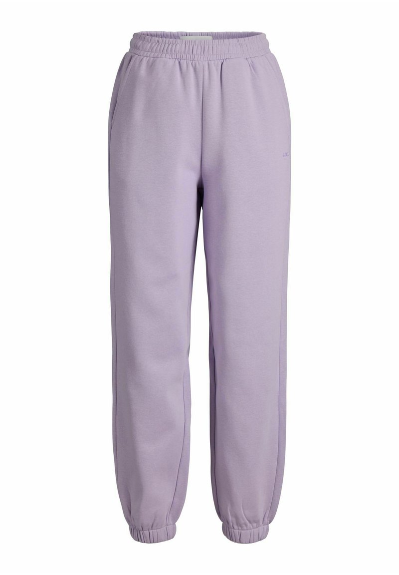 Lilla sweatpants med elastisk talje, sidelommer, smalle benafslutninger og blødt stof. Simpel design uden mønstre eller detaljer.