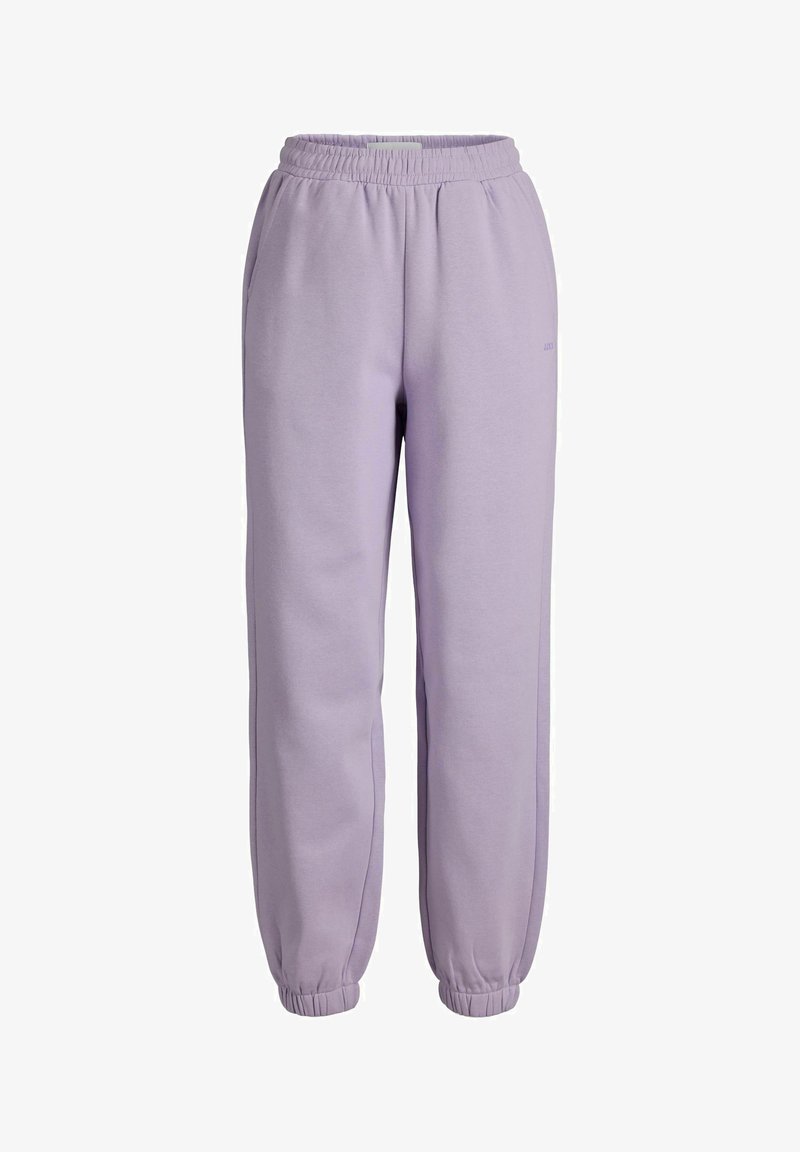 Lilla sweatpants med elastisk talje, sidelommer, smalle benafslutninger og blødt stof. Simpel design uden mønstre eller detaljer.