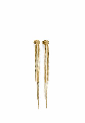 Boucles d'oreilles clous en ton or avec plusieurs fines chaînes suspendues en forme de glands sur un fond blanc.