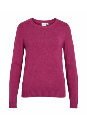 Maglione fucsia realizzato in morbido tessuto a maglia, con scollo rotondo, maniche lunghe e orli e polsini a coste. Design semplice e monocromatico.