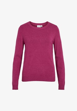 Maglione fucsia realizzato in morbido tessuto a maglia, con scollo rotondo, maniche lunghe e orli e polsini a coste. Design semplice e monocromatico.