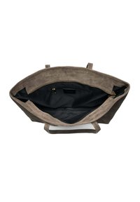 Hnědá semišová taška přes rameno s prostorným vnitřkem, vyrobená z lehké tkaniny, se dvěma popruhy, kapsou na zip a hladkým černým podšívkou.