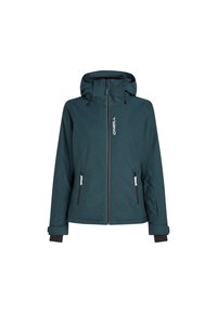 Teal waterproof jacket with a zip front, adjustable hood, and two side pockets. Features black sleeve cuffs and logo detailing on the chest.