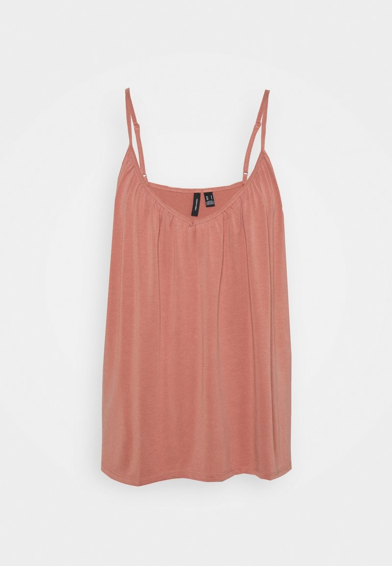 Camisole rose poudré sans manches avec bretelles fines ajustables et un col froncé, suspendue sur un fond blanc.