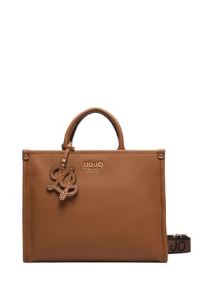 Borsa a mano in pelle marrone testurizzata con manici superiori, marca "Liu Jo Milano" e un ciondolo decorativo con monogramma appeso al manico.