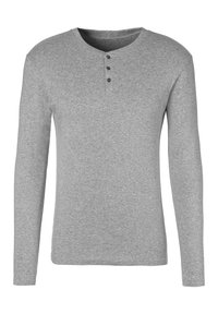 Graues Langarmshirt aus weichem Stoff mit rundem Halsausschnitt, Knopfleiste mit drei Knöpfen und schmalen Ärmeln. Schlichtes Design, ohne Muster.