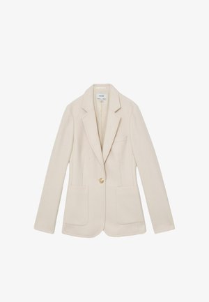 Világos bézs színű, texturált anyagból készült blézer, tűrt gallérral, egygombos záródással és két első zsebbel a funkcionalitás érdekében.