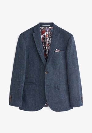 Herringbone-patterned blue tweed blazer with brown buttons, two front pockets, and a floral-patterned lining. Includes a matching pocket square.